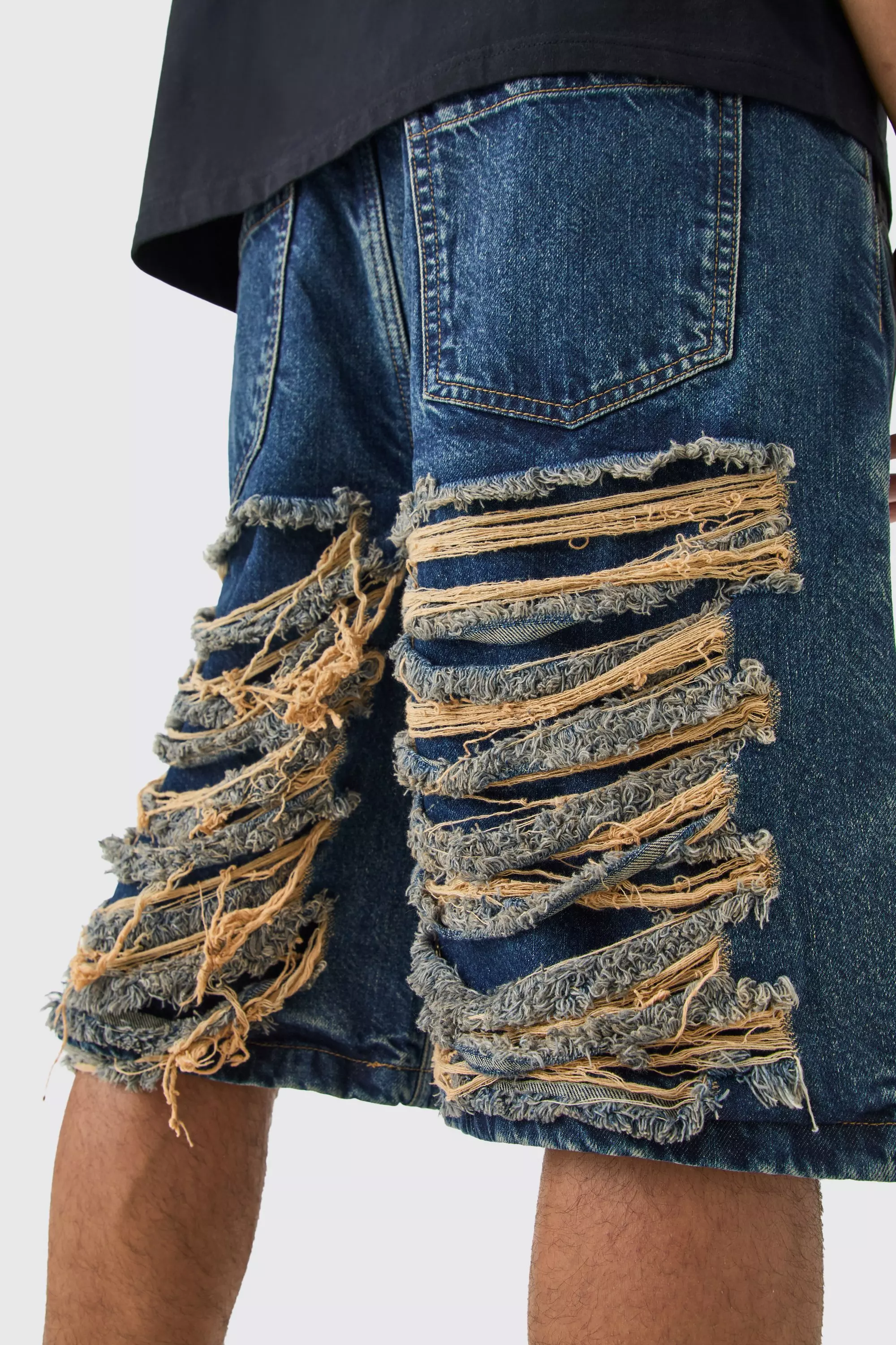 Relaxed Rigid Extreme Ripped Denim Jorts In Antique Blue boohooMAN